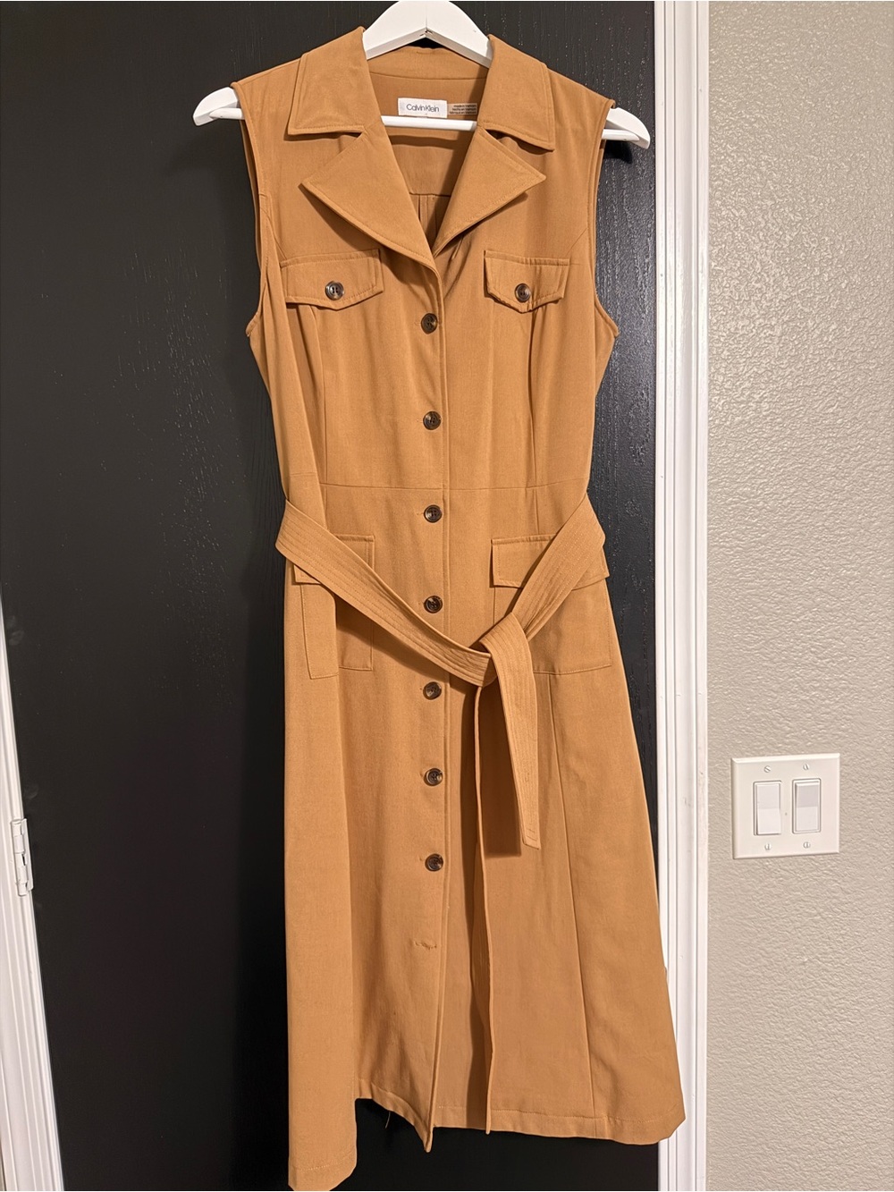 Calvin Klein Camel Sleeveless Button-Front Belted Dress